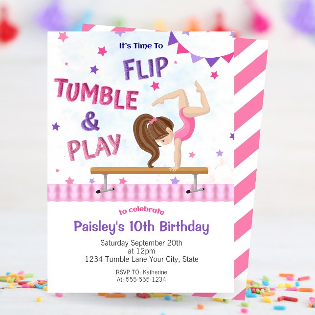 Girls Flip Tumble & Play Gymnastics Birthday Party Invitation (Girls Flip Tumble & Play Gymnastics Birthday Party Invitation)