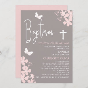 Girls Floral And Butterflies Baptism Invitation