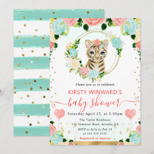 Girls Floral Baby Tiger Baby Shower Invitation