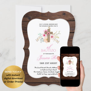Girls Floral BAUTIZO Bautismo Pink Catholic Cross Invitation