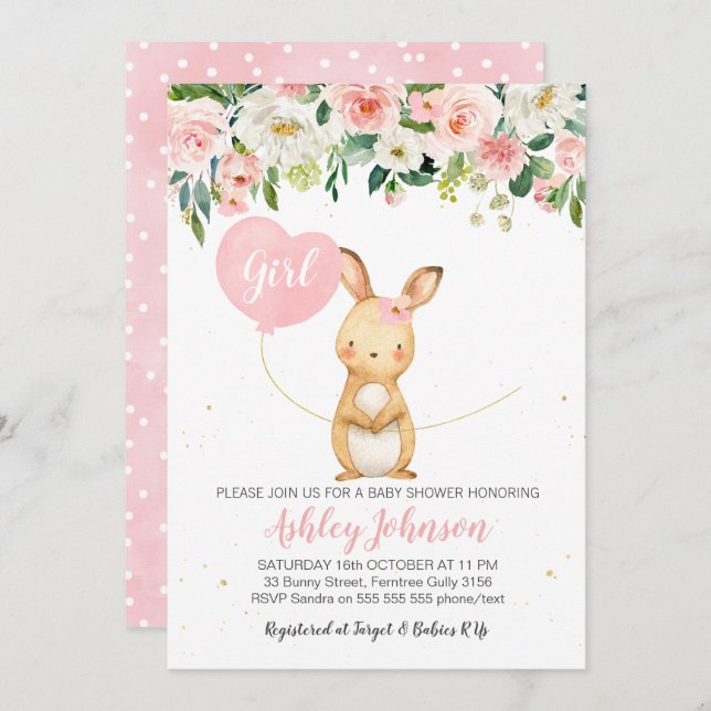 Girls Floral Bunny Baby Shower invitation (Front/Back)