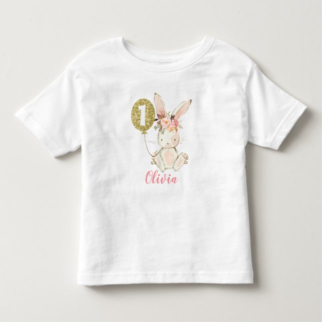 Girls Floral Bunny First Birthday T-Shirt (Front)