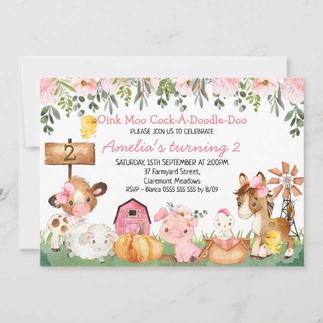 Girls Floral Farmyard Scene Birthday Invitation (Front)