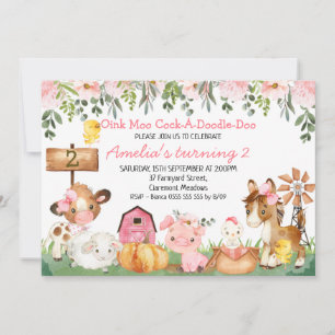 Girls Floral Farmyard Scene Birthday Invitation