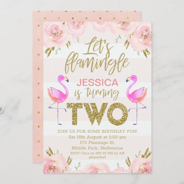 Girls floral flamingo 2nd birthday invitation (Front/Back)