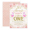 Girls floral flamingo first birthday invitation