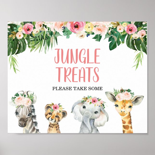 Girls Floral Foliage Safari Animals Birthday Sign (Front)