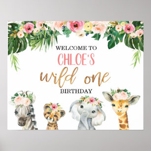 Girls Floral Foliage Safari Birthday Welcome Poster