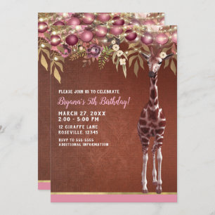 Girls Floral Giraffe Pink & Gold Birthday Party Invitation
