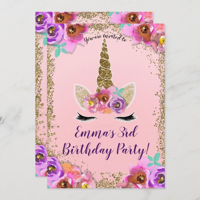 Girls Floral & Gold Glitter Unicorn Birthday Party Invitation (Front/Back)