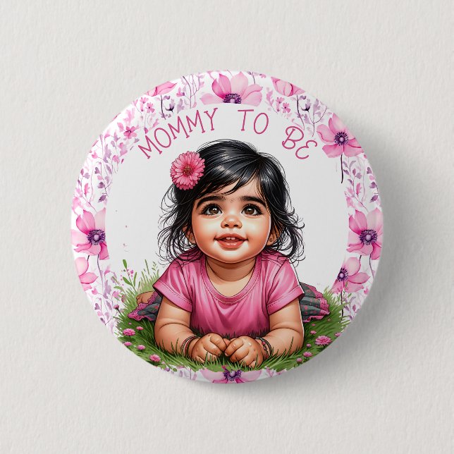 Girl's Floral Pink Baby Shower | Mummy to be 6 Cm Round Badge (Front)