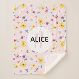 Girls Floral Pink Flower & Name Monogram Kids Sherpa Blanket