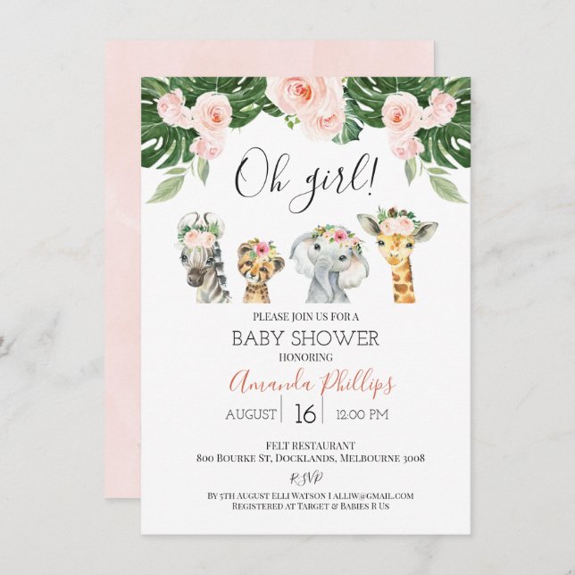 Girls Floral Safari Animals Baby Shower Invitation (Front/Back)