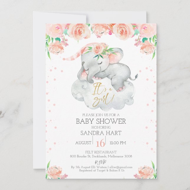 Girls Floral Sleeping Elephant Baby Shower Invitation (Front)