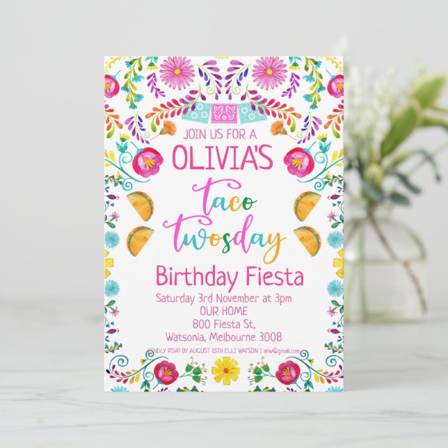 Girls Floral Taco Twosday Mexican 2nd Birthday Invitation (Standing Front)