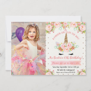Girls Floral Unicorn Photo Birthday Invitation