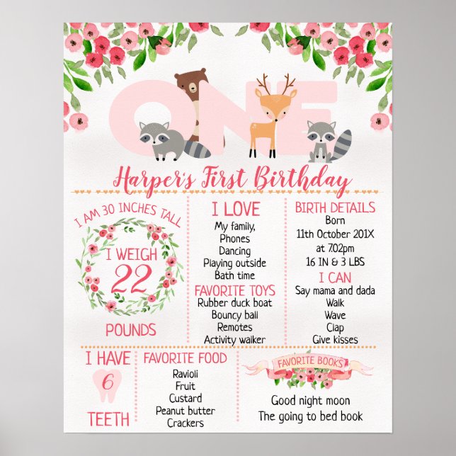 Girls Floral Woodland1st Birthday Milestone Poster (Front)