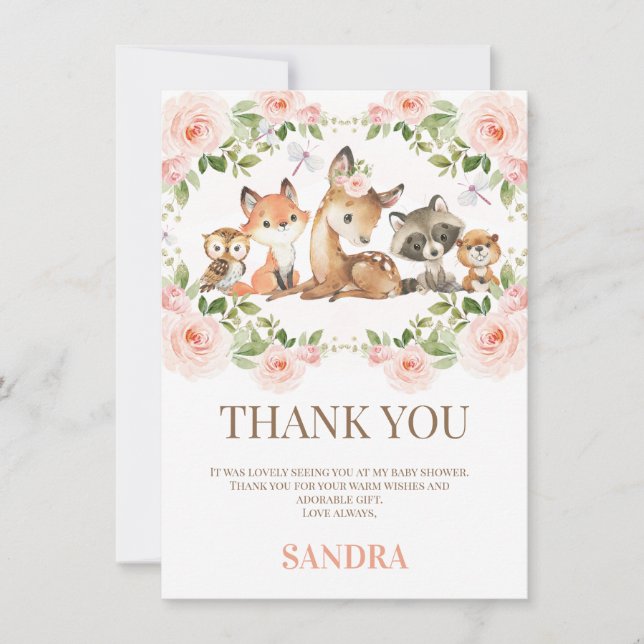 Girls Floral Woodland Baby Shower Thank You Card (Front)