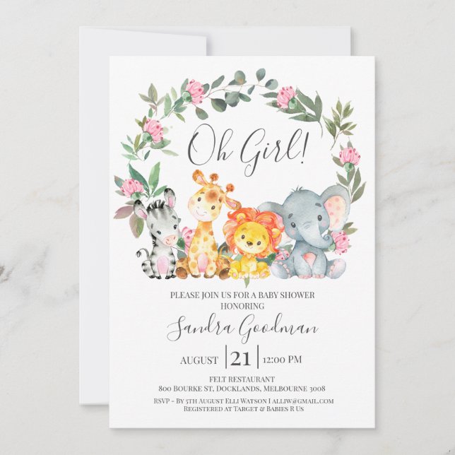 Girls Floral Wreath Safari Animals Baby Shower Invitation (Front)