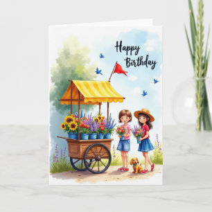 Girls Flower Cart Birthday Card