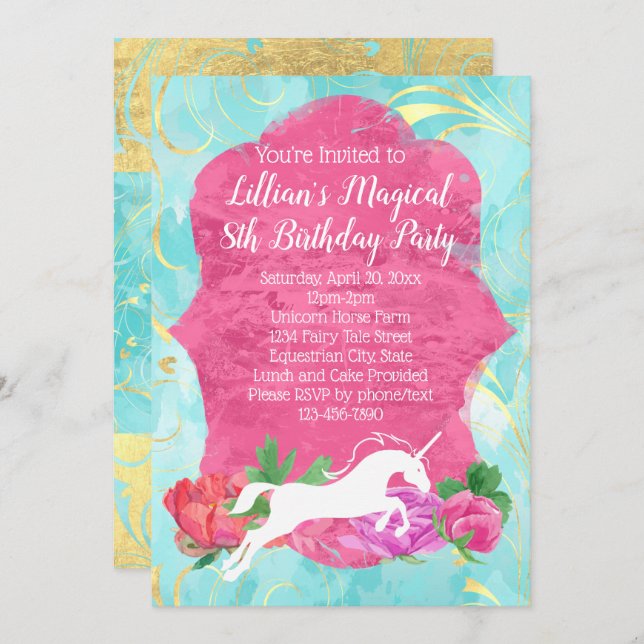 Girls Flower Unicorn Birthday Party Invitation (Front/Back)