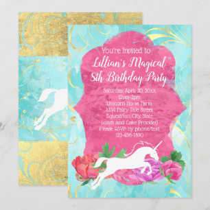 Girls Flower Unicorn Birthday Party Invitation