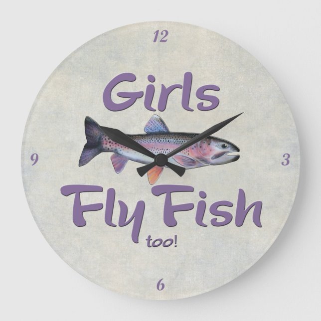 Girls Fly Fish too! Rainbow Trout Fly Fishing Large Clock (Front)