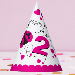 Girls flying heart ladybug pink name 2nd birthday party hat