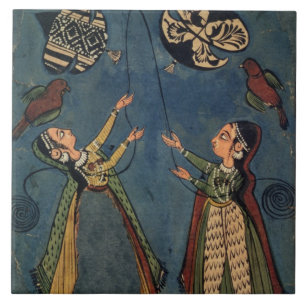 Girls flying kites, Kulu folk painting, Himachal P Ceramic Tile