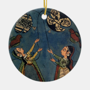 Girls flying kites, Kulu folk painting, Himachal P Ceramic Tree Decoration