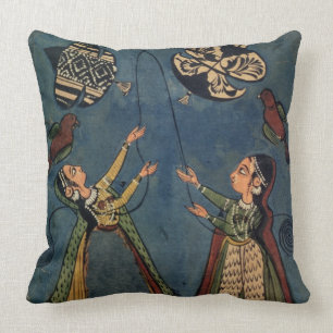Girls flying kites, Kulu folk painting, Himachal P Cushion
