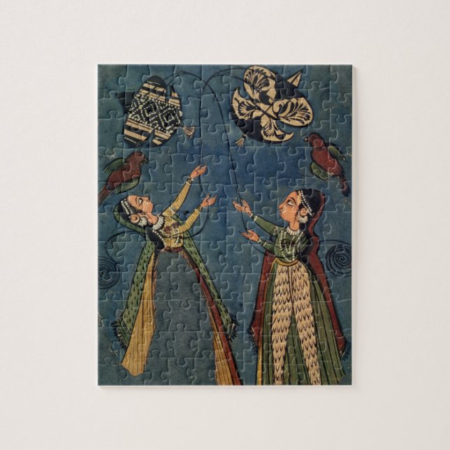 Girls flying kites, Kulu folk painting, Himachal P Jigsaw Puzzle (Vertical)