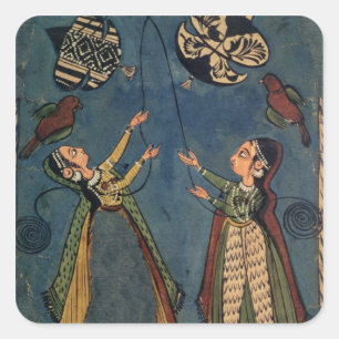 Girls flying kites, Kulu folk painting, Himachal P Square Sticker