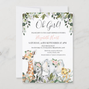 Girls Foliage Baby Safari Animals Baby Shower Invitation