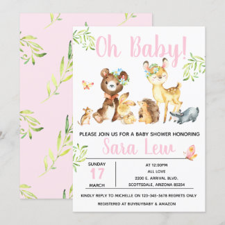 Girl's Forest Watercolor Baby Shower Invitation