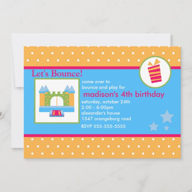 Girls Fun Bounce House Birthday Party Invitation (Front)
