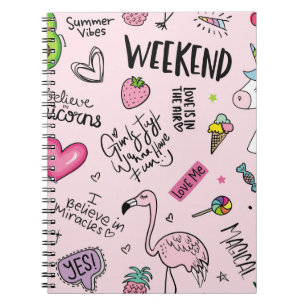 Girls fun concept with unicorn, flamingo, cactus, notebook