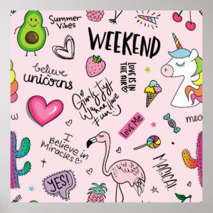 Girls fun concept with unicorn, flamingo, cactus,  poster