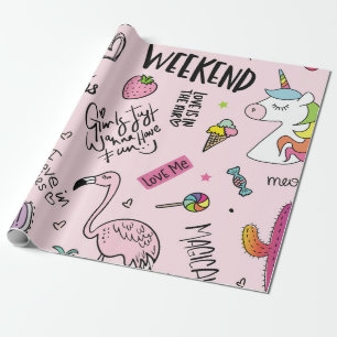 Girls fun concept with unicorn, flamingo, cactus,  wrapping paper
