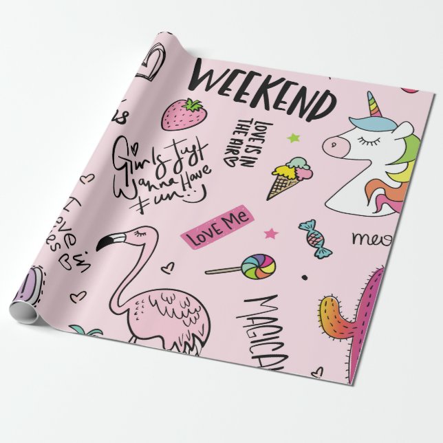 Girls fun concept with unicorn, flamingo, cactus,  wrapping paper (Unrolled)