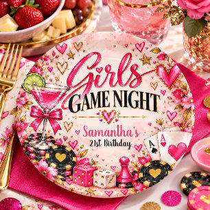 Girls Game Night Casino Pink Gold Birthday Paper Plate