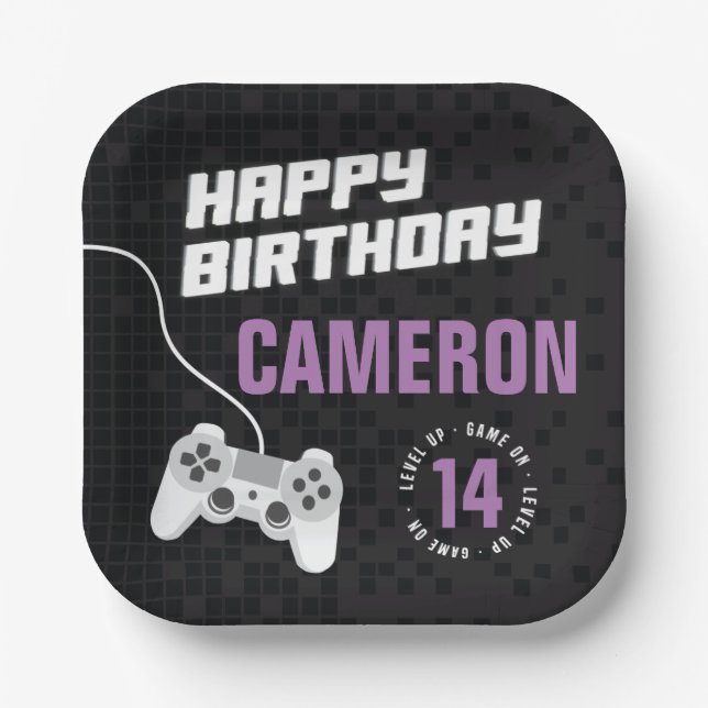 Girls Game On Gaming Neon Purple Birthday Party Paper Plate (Front)