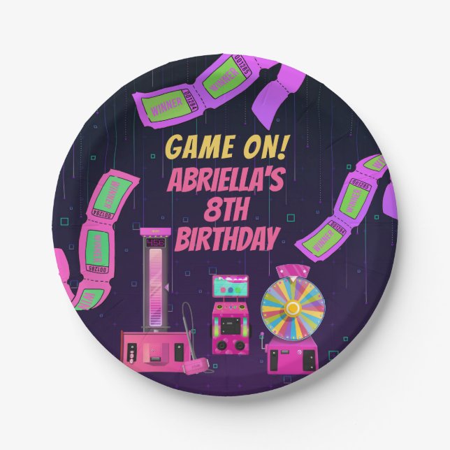 Girls Gaming and Arcade Birthday Paper Plate (Front)