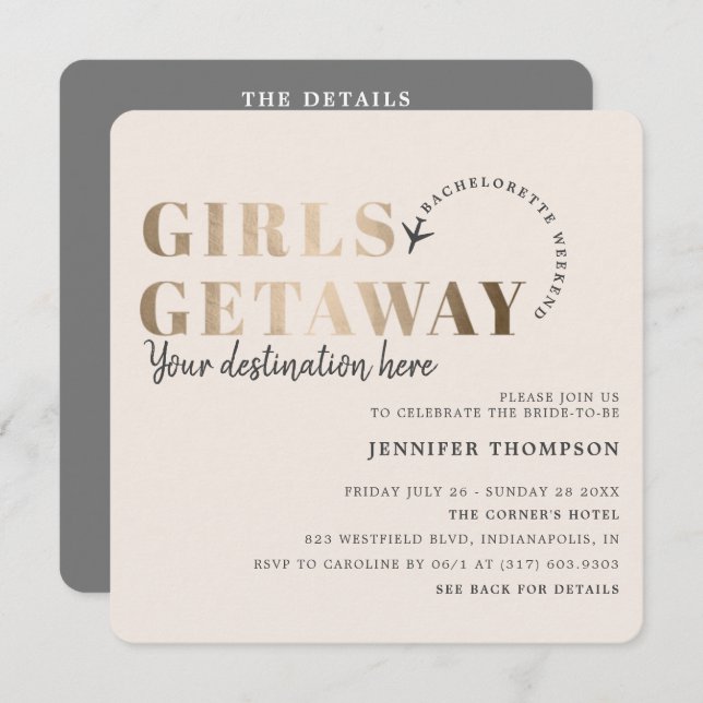 Girls Getaway Taupe & Gold Bachelorette Weekend Invitation (Front/Back)