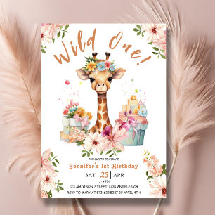 Girls Giraffe 1st Birthday Pink Safari  Invitation