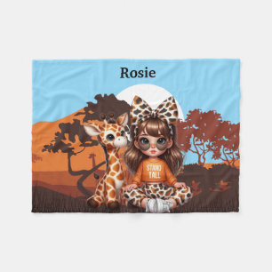 Girls Giraffe Personalised name  Fleece Blanket