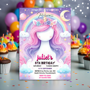 Girls girly cute purple pink unicorn 1st birthday invitation