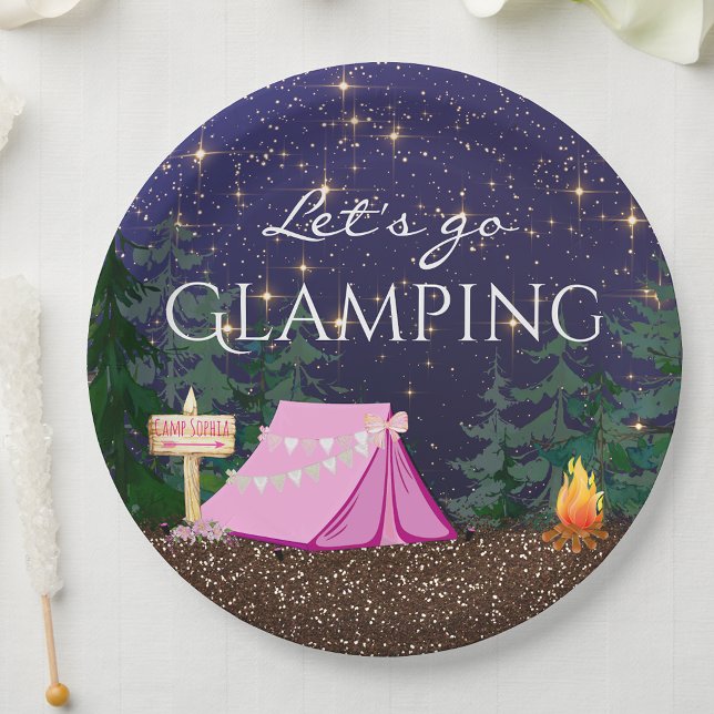 Girls Glamping Birthday Party Paper Plate (Add your own text to these cute glamping or camping paper plates.)