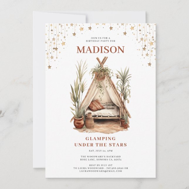 Girls Glamping Birthday Party Under The Stars Invitation (Front)