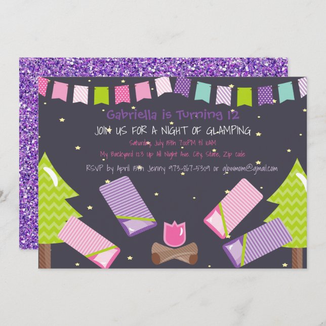 Girls Glamping/Camping Out Birthday Party Invitation (Front/Back)
